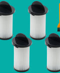 Premium Four Pack Pre Motor Vacuum Replacement Filters For Eye Vac And Neovac Elite Touchless In Wall Systems arranged with cleaning brush.