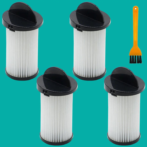 Premium Four Pack Pre Motor Vacuum Replacement Filters For Eye Vac And Neovac Elite Touchless In Wall Systems arranged with cleaning brush.