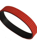 Top Notch Red Rubber Conveyor Belt Wheel With Transverse Grooves For High Speed Card Feeder Counting Right Hand Bevel Pinion Gears Built Tough With Grippy Rib Surface 360X30X7MM viewed from the side angle.