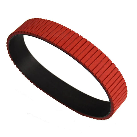 Top Notch Red Rubber Conveyor Belt Wheel With Transverse Grooves For High Speed Card Feeder Counting Right Hand Bevel Pinion Gears Built Tough With Grippy Rib Surface 360X30X7MM viewed from the side angle.