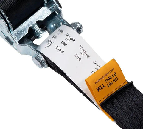 Close-up of 2 Inch By 10 Foot Auto Retract Ratchet Straps With Coated S Hooks Tiedowns For Motorcycles ATVs Bikes And Trailers