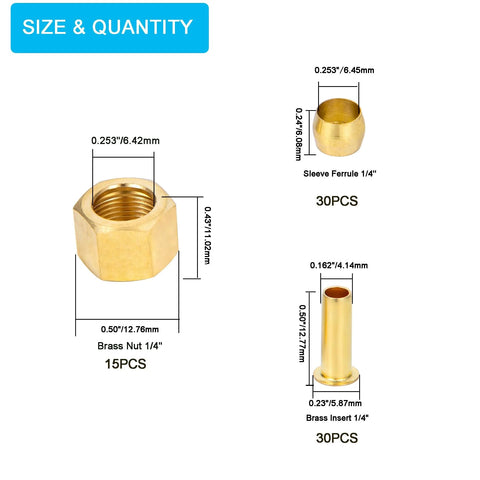 Breezliy brass 1/4 in compression nut, sleeve ferrule, and insert set, 75 pcs (15 nuts, 30 ferrules, 30 inserts)