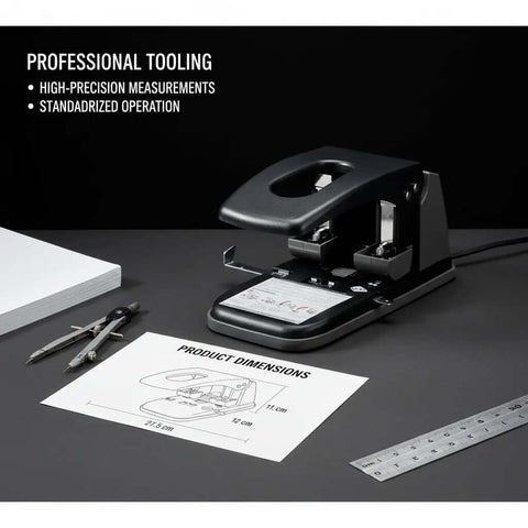 Tough As Nails Heavy Duty 2 Hole Punch For Office, School, And Home, 100 Sheets Capacity on desk with tools and dimensions