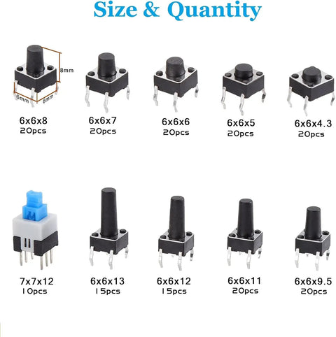 180 Piece Tactile Push Button Switch Kit With 10 Values Ranging From 6x6mm To 7x7mm, 4 Pin Micro Momentary Tact Switches For Prototyping