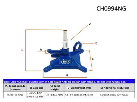 Natural Gas Micro Bunsen Burner With Anti Tip StabiliBase Handle And Flame Stabilizer Air Flow Adjustment Sleeve, labeled parts.