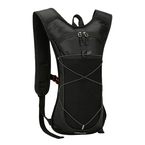 Black Hydration Running Backpack With Reflective Strips, Lightweight Nylon Reservoir Pack for trail running and hiking.