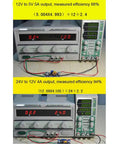 Testing of Three-Pack XL4015 DC-DC buck converter step-down module showing voltage and efficiency measurements.