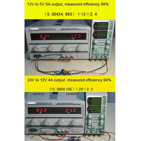 Testing of Three-Pack XL4015 DC-DC buck converter step-down module showing voltage and efficiency measurements.
