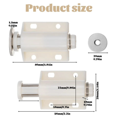Set Of Two White Push To Open Magnetic Cabinet Door Latches dimensions with detailed measurements for easy modern opening and closing