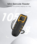 Wireless Bluetooth Barcode Scanner With 1.4 Inch Display, Handy 1D/2D and QR Code Reader with yellow accents on white background