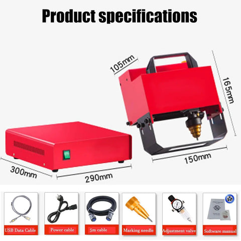 Heavy Duty Pneumatic Marking Machine For Metal Engraving And Vin Chassis Stamping With Slick Air Dot Peen Tech dimensions and accessories.