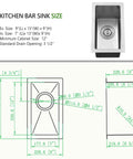 Diagram and specifications of Undermount Small Bar Sink Workhorse in 16 Gauge Stainless Steel, 9x15 Inch Kitchen Bar Sink for RVs