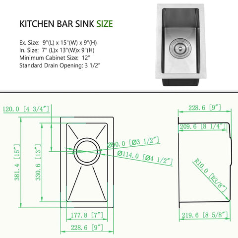 Diagram and specifications of Undermount Small Bar Sink Workhorse in 16 Gauge Stainless Steel, 9x15 Inch Kitchen Bar Sink for RVs