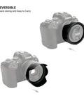 Reversible Tulip Flower Lens Hood For RF 50mm F1.8 STM On EOS R6 R5 RP Cameras showing front and reverse mount positions.