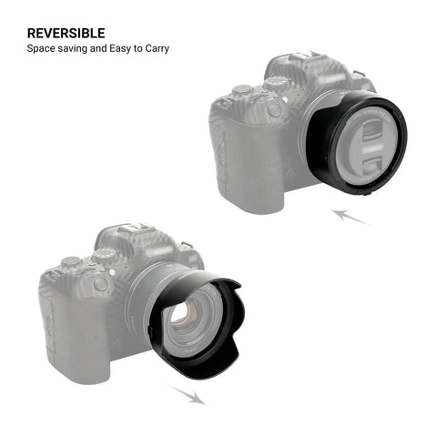 Reversible Tulip Flower Lens Hood For RF 50mm F1.8 STM On EOS R6 R5 RP Cameras showing front and reverse mount positions.