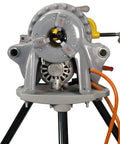 Reconditioned Model 300 Pipe Threader With Foot Pedal Control And Universal Quick Swap Die Heads heavy duty setup front view.