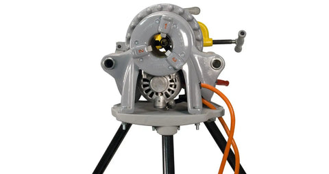 Reconditioned Model 300 Pipe Threader With Foot Pedal Control And Universal Quick Swap Die Heads heavy duty setup front view.