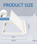 Front view of white vented drywall access panel opened at angle; inner opening 12 x 12 in inside a 13.5 x 13.5 in aluminum frame.