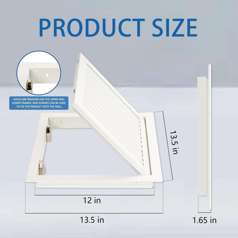 Front view of white vented drywall access panel opened at angle; inner opening 12 x 12 in inside a 13.5 x 13.5 in aluminum frame.
