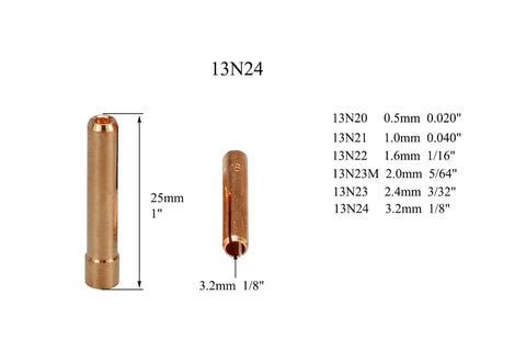 Pro Grade TIG Welding Torch Accessories Kit copper collet bodies sizes 13N20 to 13N24 for SR WP 9 20 25 torch series