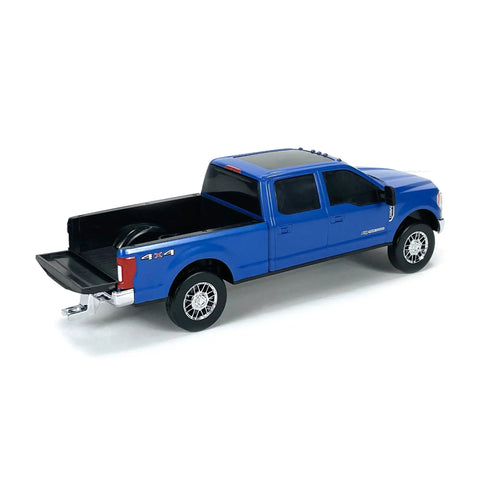 Realistic Ford Gooseneck Truck Toy And Trailer Hitch 1 to 20 scale farm toy set for kids and collectors, blue truck side view.