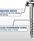 Zinc Pocket Hole Screws One And One Half Inch Coarse Thread Maxi-Loc Flat Bottom Head with square drive and case-hardened steel.
