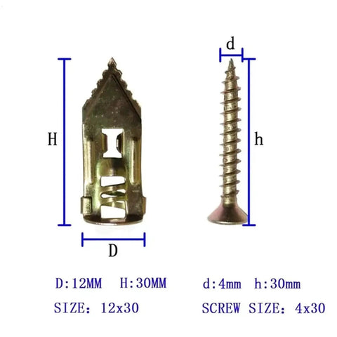 DIY Friendly Self Drilling Drywall Anchor Kit 30 And 50 Piece Set Zinc Coated Metal Expansion Anchors For Quick Secure Picture Frame Hangs On Interior Walls, 12x30mm anchor and 4x30mm screw