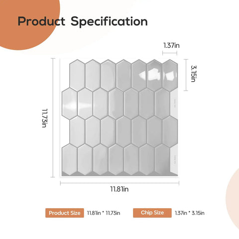 Product specification of Gray Hexagon Peel And Stick Backsplash Tiles, 10 Sheets, showing tile and chip dimensions.