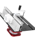 Universal Router Table Insert Plate With 51 Mm Stroke Lift Kit and Crank Handle Fits 64 to 66 Mm Motors, detailed view of aluminum structure.
