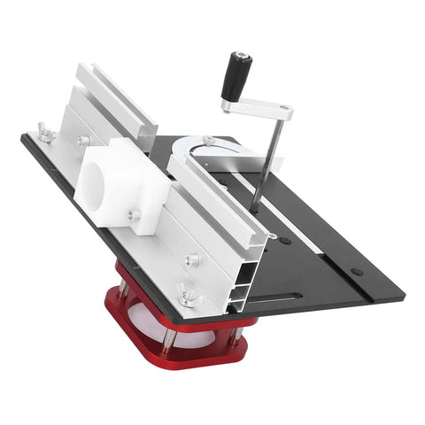Universal Router Table Insert Plate With 51 Mm Stroke Lift Kit and Crank Handle Fits 64 to 66 Mm Motors, detailed view of aluminum structure.