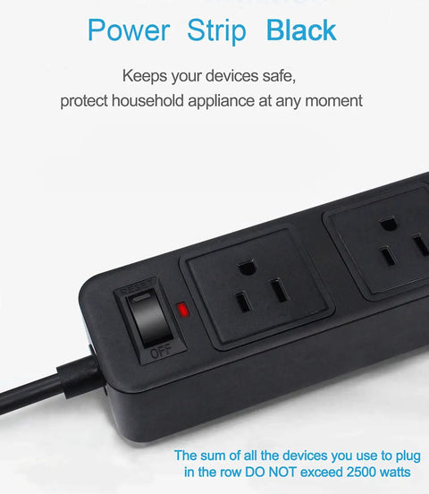 Close-up of Two Prong Surge Protector Power Strip With Three AC Outlets And Four USB Ports Six Point Six Foot Non Grounded Extension Cord