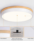 Dimmable Wood LED Flush Mount Ceiling Light With Five CCTs 2700K To 6000K Modern Round Close To Ceiling Fixture in white with wood accents and LED chips.