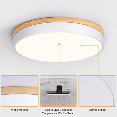 Dimmable Wood LED Flush Mount Ceiling Light With Five CCTs 2700K To 6000K Modern Round Close To Ceiling Fixture in white with wood accents and LED chips.