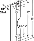 Diagram showing Steel Latch Guard Plate Cover For Out Swinging Doors Gray Heavy Duty Door Security Shield dimensions and offset.