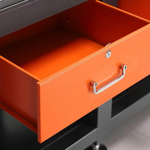 Industrial Grade Steel Workbench Featuring Two Secure Locking Drawers And Quick Access Shelf with open orange drawer.