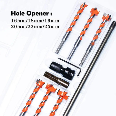 Pro Grade Ten Piece Forstner Drill Bit Set Cuts Slick Clean Holes In Wood And Tile Straight Up No Frills Heavy Duty Carbide Reinforced Alloy Steel Sized Sixteen To Twenty Five Millimeters Vibrant Blue drill bits with varying sizes arranged in plastic case.