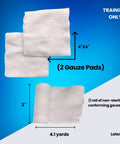 Student CPR And First Aid Training Kit Pack Of 10 gauze pads and roll shown on blue background, labeled for training use.