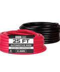 Heavy Duty 4 AWG Battery Wire Set Two Pack 25Ft Each Total 50Ft Oxygen Free Copper Red And Black Primary Wire Flexible PVC Insulated For Automotive Marine Truck Applications, coiled and labeled '25 FT'.