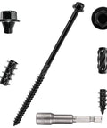 Tough As Nails Heavy Duty Structural Deck Screws Including Fifty Piece Set In Airtight Jar With Hex Bit Featuring Self Drilling Points And Serrated Threads For Quick Easy Buildouts, showcasing six inch black deck screw and hex bit.