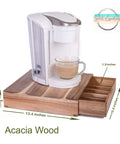 Acacia Wood Coffee Pod Drawer Organizer For K Cups And OriginalLine under a white coffee maker, 13.4x13.4x3.2 inches.