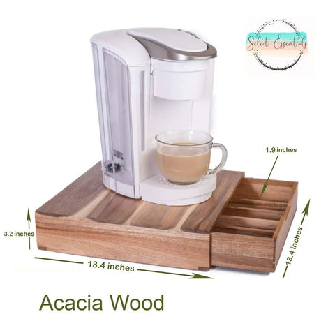 Acacia Wood Coffee Pod Drawer Organizer For K Cups And OriginalLine under a white coffee maker, 13.4x13.4x3.2 inches.