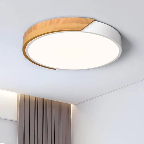 Sleek Modern LED Ceiling Light Fixture With Wood Style Flush Mount Circular Acrylic Lampshade 11.8 Inch Diameter Non Dimmable 4000K