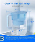 Ten Cup Water Filter Pitcher Bundled With Three NSF Certified Cartridges For Straight Up Clean Hydration And No Nonsense Flavor That Hits Different Every Time You Sip sitting in fridge with dimensions shown.