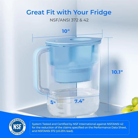 Ten Cup Water Filter Pitcher Bundled With Three NSF Certified Cartridges For Straight Up Clean Hydration And No Nonsense Flavor That Hits Different Every Time You Sip sitting in fridge with dimensions shown.