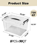 Sleek Clear Plastic Storage Bins With Secure Lids 90 Quarts 8 Pack Heavy Duty showing dimensions and design features.