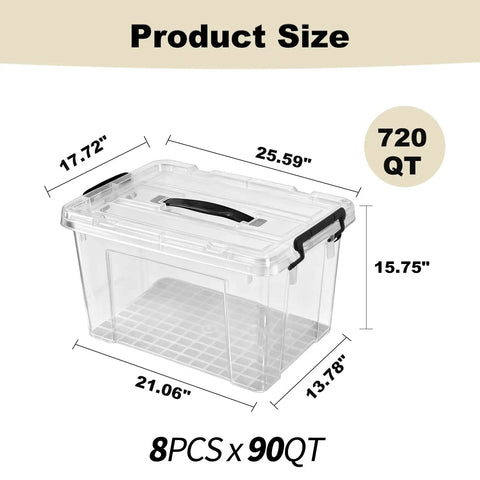 Sleek Clear Plastic Storage Bins With Secure Lids 90 Quarts 8 Pack Heavy Duty showing dimensions and design features.