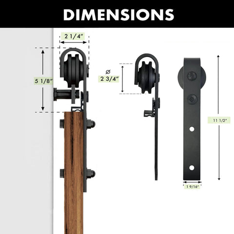 Rustic Black Sliding Barn Door Hardware Kit With 4 And A Half Foot Flat Track Non-Bypass Roller System side view dimensions