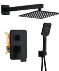 8 Inch High Pressure Rain Shower System With Tub Spout And Black Square Shower Head And 2 Setting Handheld Faucets Wall Mounted Valve Kit For A Dope Modern Bathroom showcasing all components including arm, valve, and handheld