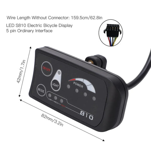 S810 Electric Display Panel For 36V And 48V Systems Black Plastic LED Meter With 5 Pin Interface shown from front angle