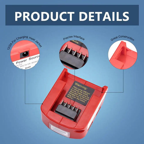 Battery Converter For Milwaukee 18V Batteries With USB Charger, DC Port And 3W LED Work Light, Lithium Ion Compatible details.